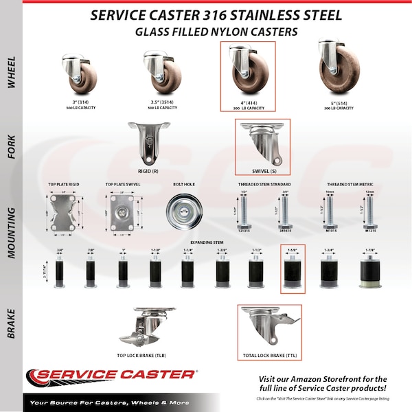 Service Caster 4 Inch 316SS High Temp Glass Filled Nylon 1-5/8 Inch Stem Caster Lock Brake SCC SCC-SS316TTLEX20S414-GFNSHT-158 - main